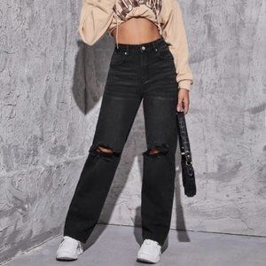 New Shein High Waist Straight Leg Ripped Jeans Size L